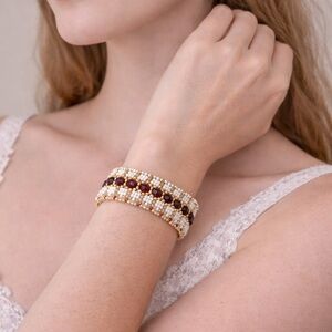 Handmade 3-Row Beaded Bracelet – Red, Ivory & Gold, New